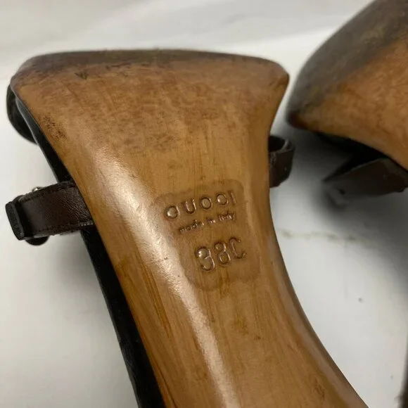 GUCCI Logo Horsebit Equestrian Chocolate Leather /Suede Strappy Heels Size 38 - Picture 9 of 10